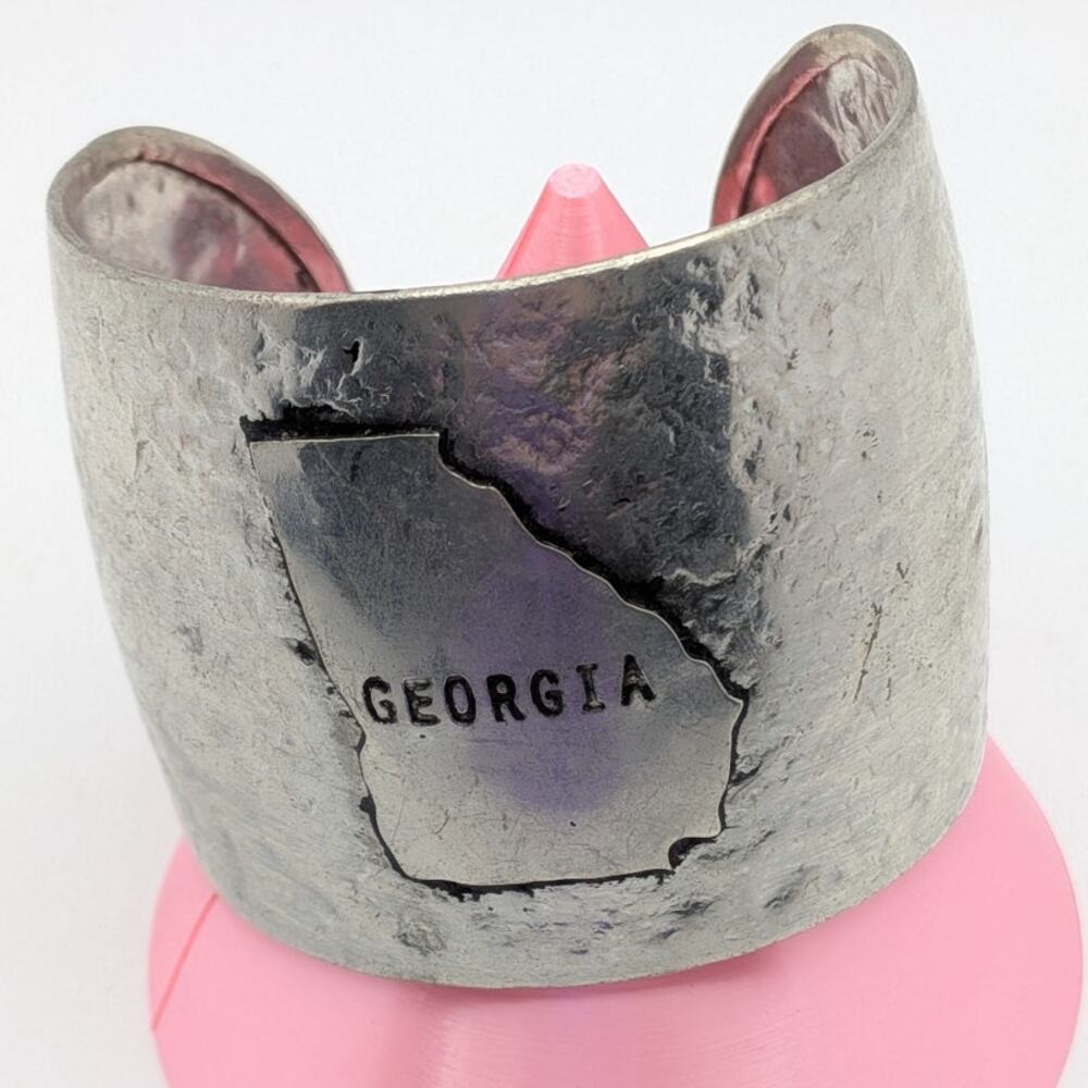Hammered Georgia State Cuff Bracelet Silver Tone Wide Metal State 7.25 in Boho